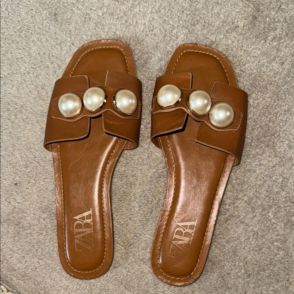 Zara Brown Leather Sandals with Studded Design